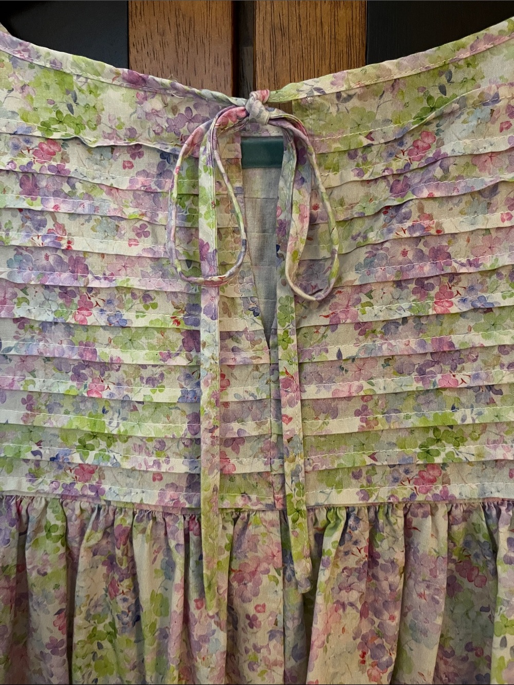 Easel Lavender-Pink-Green Floral Puff-Sleeve Top w/Applique Flowers & Pintucks - Picture 8 of 9